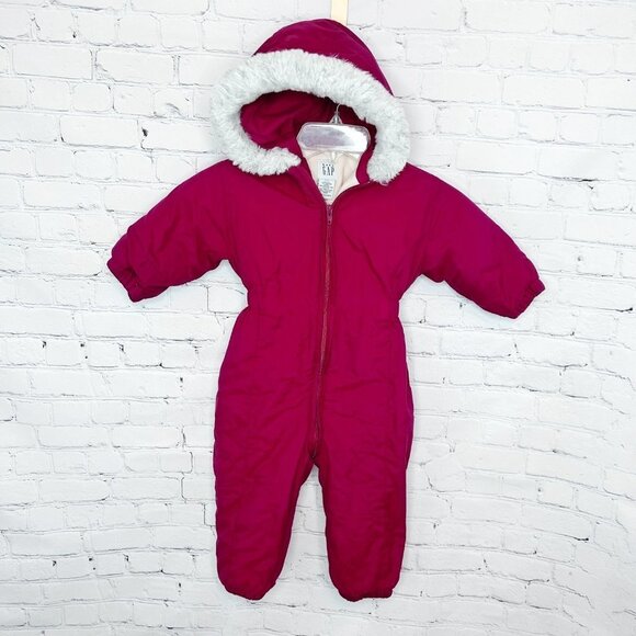 BABY GAP 2XL RED FAUX FUR HOODED FLEECE LINED SNOW SUIT! - Picture 1 of 5